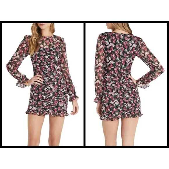💕VICI💕 Floral Ruched Long Sleeve Minidress ~ Black Floral Print XL NWOT - Picture 1 of 14